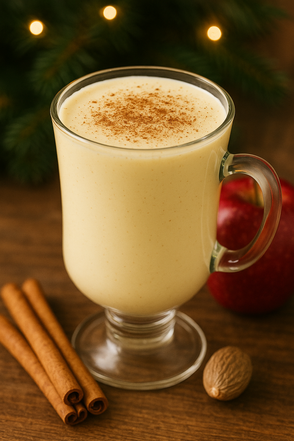 Spiced apple eggnog in a festive glass in candlelight, creamy and pale-golden with winter spices