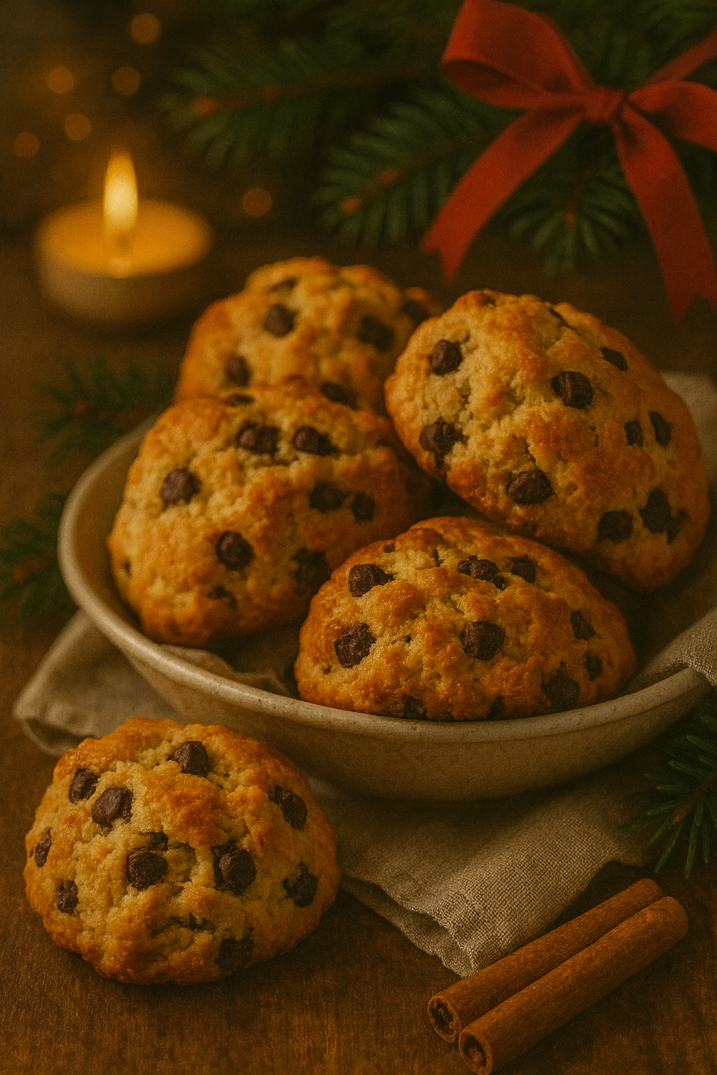 Spiced chocolate tea biscuits in a candlelit holiday setting, dark and delicate with winter spice