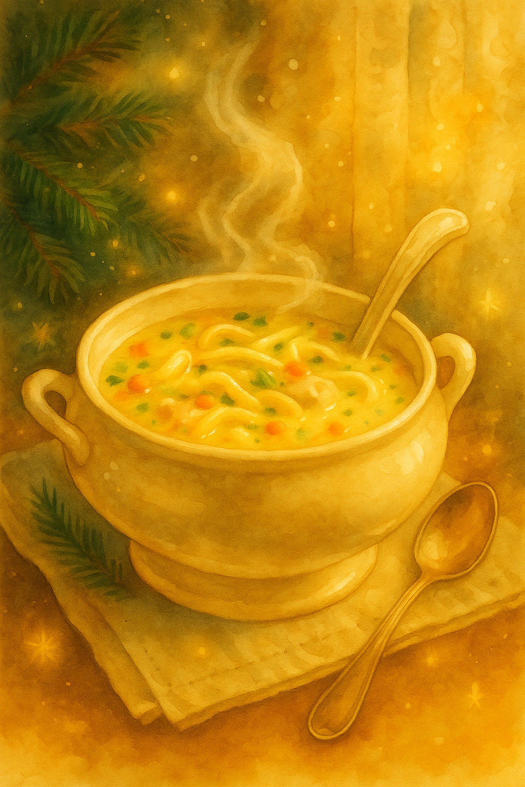 Winter Warmth Creamy Chicken Noodle Soup — illustrated menu card with a golden December glow.