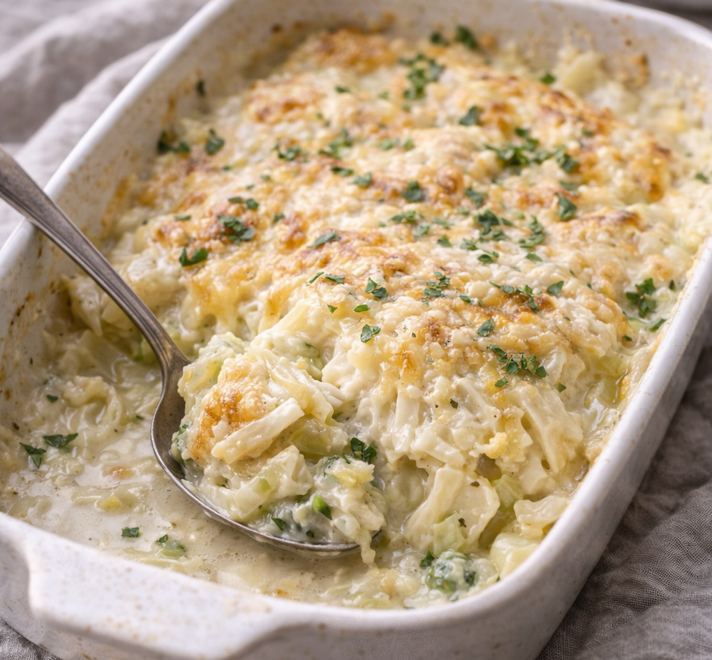 Cheesy cabbage casserole baked until golden and bubbling, served in a rustic white dish
