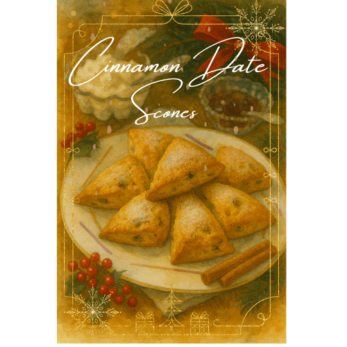Cinnamon–date scones arranged on a vintage plate, lightly dusted with sugar in a candlelit holiday setting