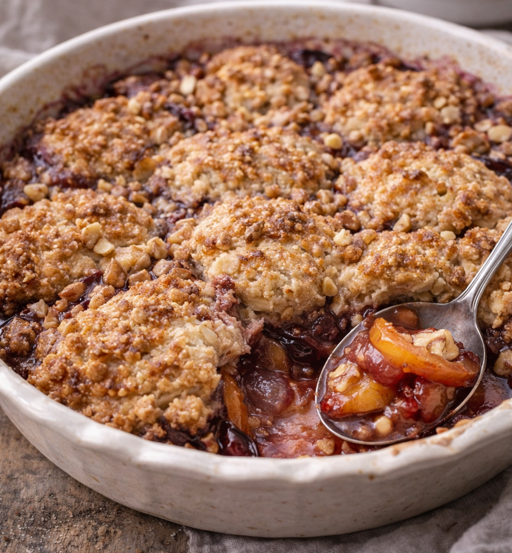 Cinnamon–plum walnut cobbler in a softly lit winter setting, jammy fruit and toasted walnuts with a rustic golden finish