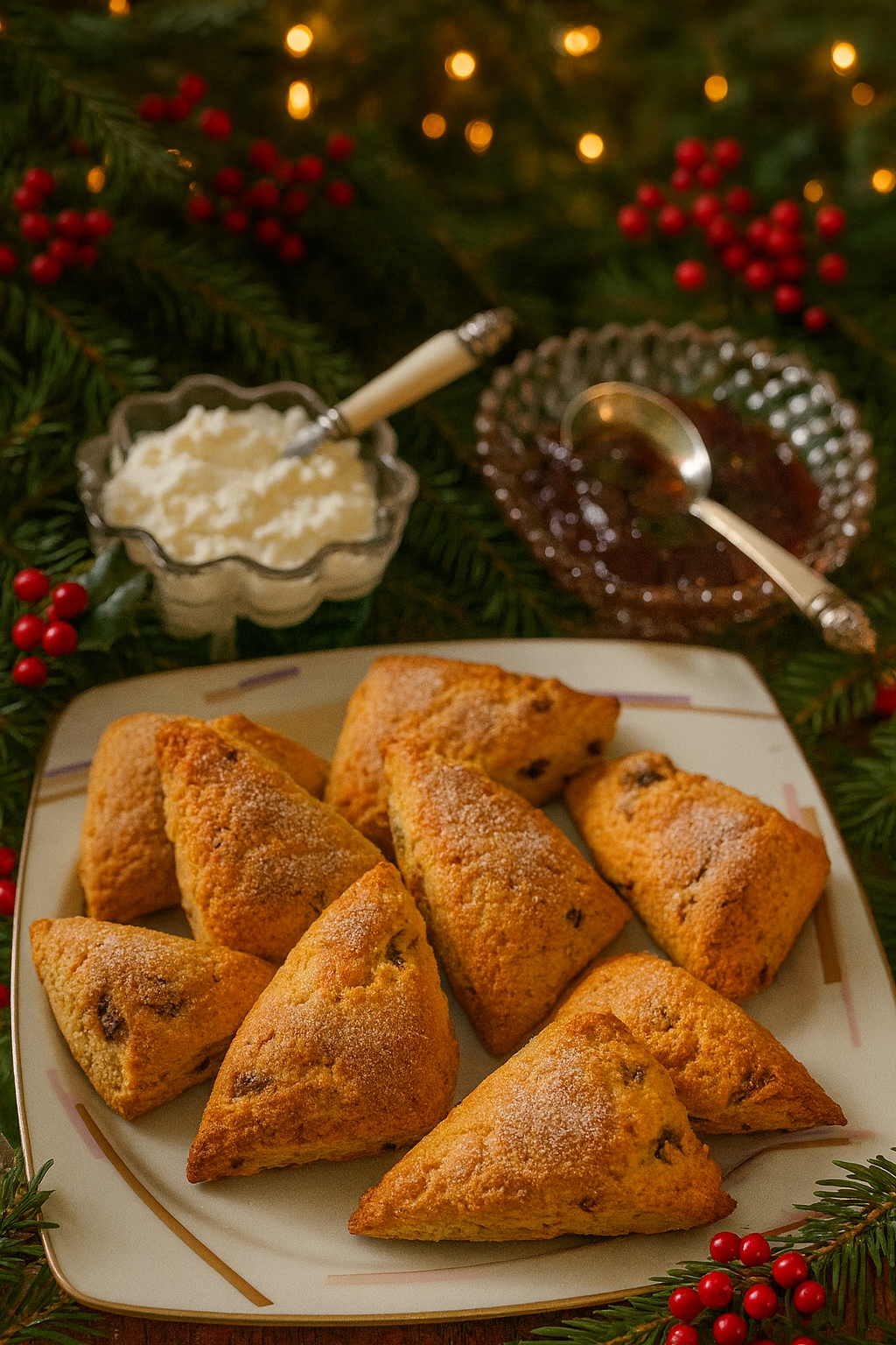 Cinnamon–date scones served warm in a candlelit holiday setting, with a rustic tea-time feel