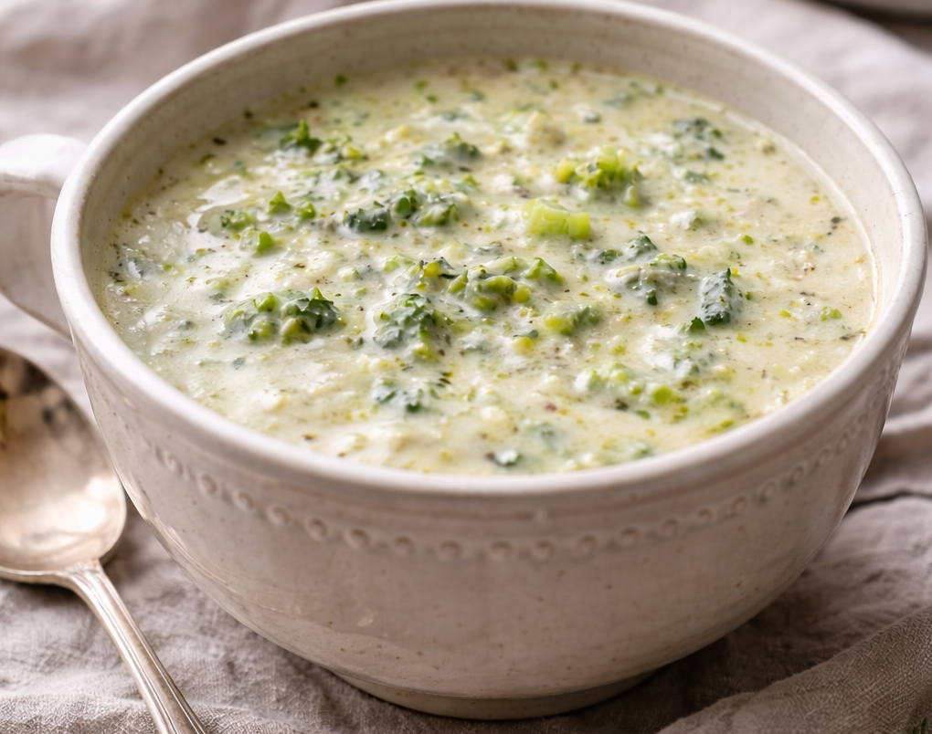 Creamy broccoli Swiss soup, close-up, styled in soft winter light