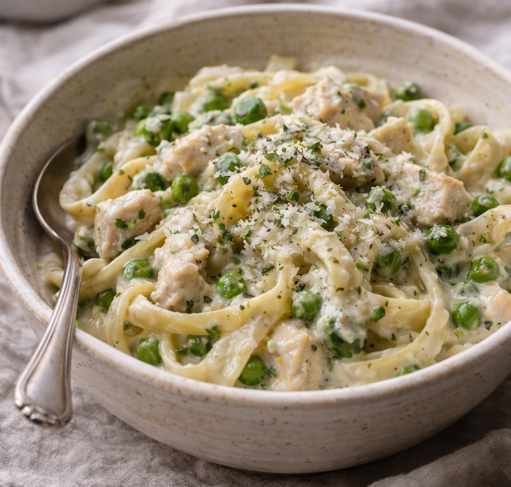 Creamy chicken alfredo with peas, pesto, and parmesan, styled in soft winter light
