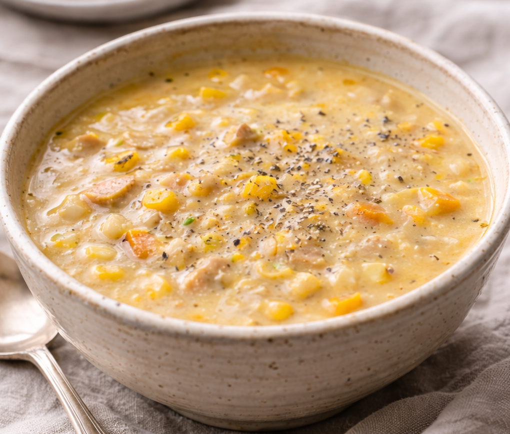Curried chicken and corn chowder in a ceramic bowl, creamy and golden, styled in soft winter light