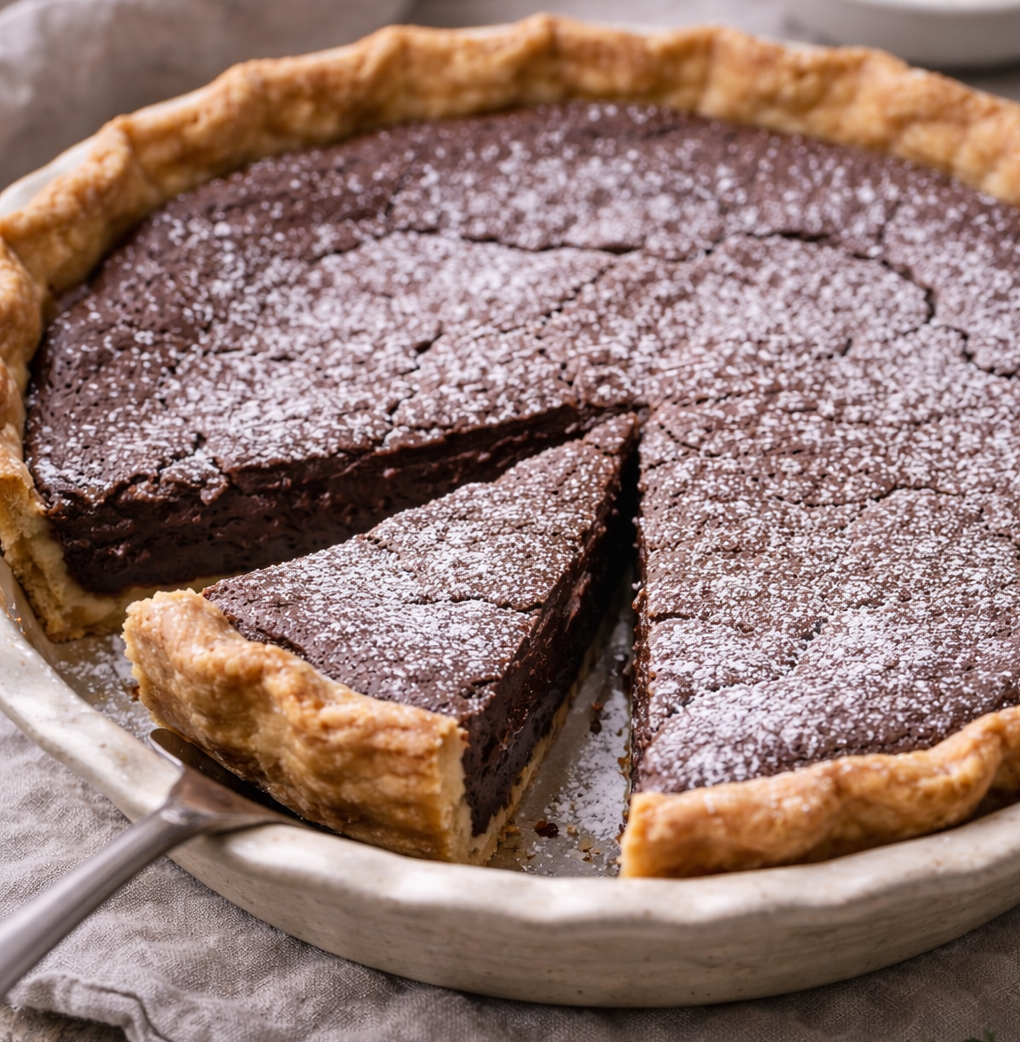 Chocolate chess pie slice in a softly lit winter setting, glossy chocolate filling with a delicate, classic finish
