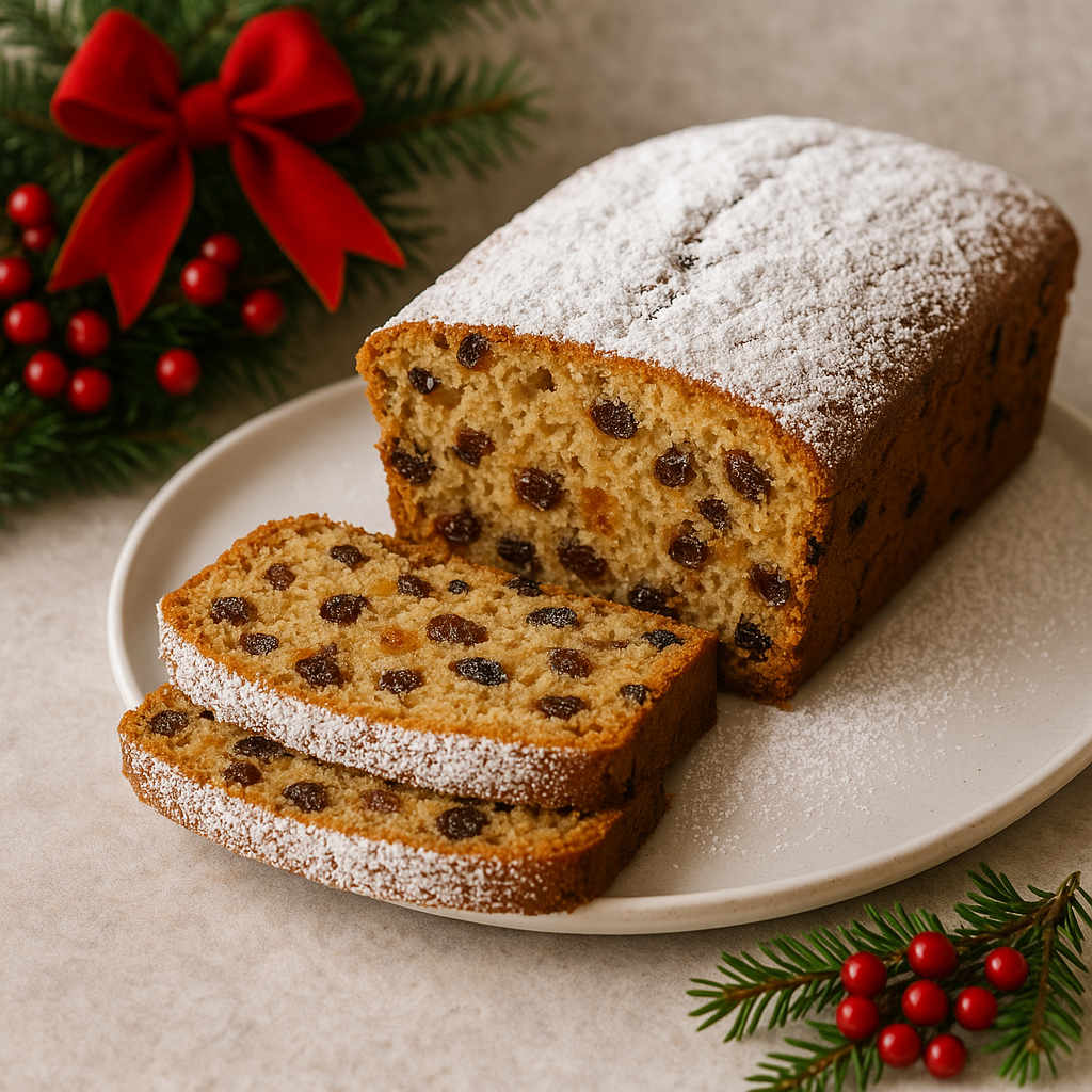 Edwardian Christmas loaf in a candlelit holiday setting, golden-brown and sliced on a vintage platter