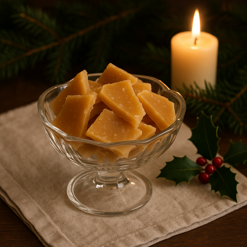 Edwardian butter toffee set in a candlelit holiday scene, broken into golden shards on a vintage plate