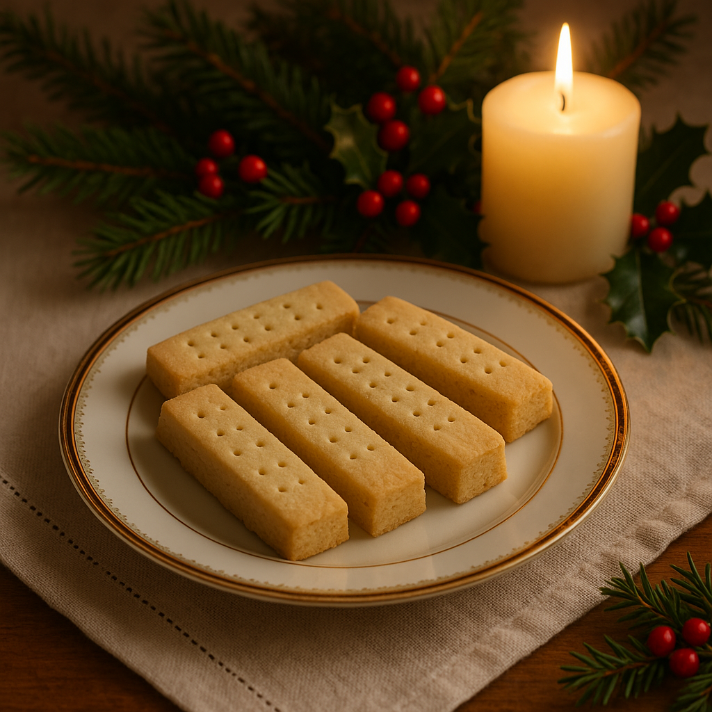 Edwardian Scottish shortbread wedges on a vintage plate, buttery and pale-golden in candlelit holiday styling