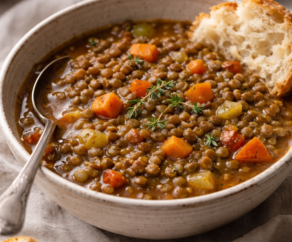 French lentil stew with vegetables and herbs, simmered and styled in soft winter light