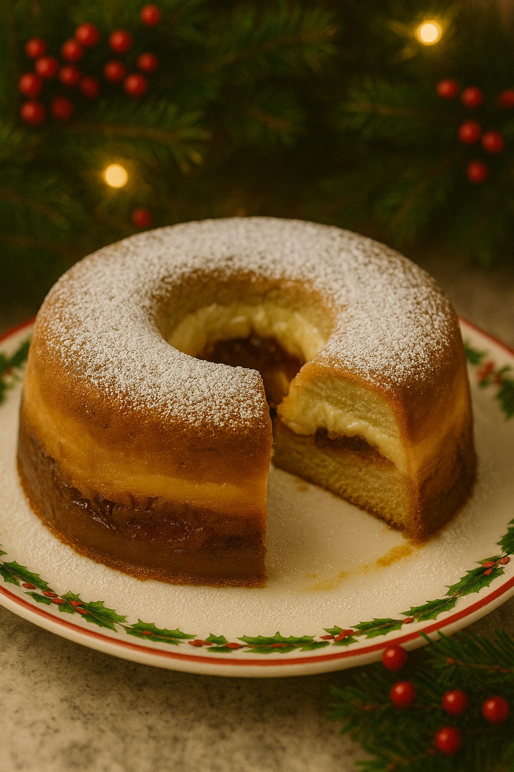 Tea-table coffee cake served in a candlelit holiday setting, tender crumb with a warm spiced topping