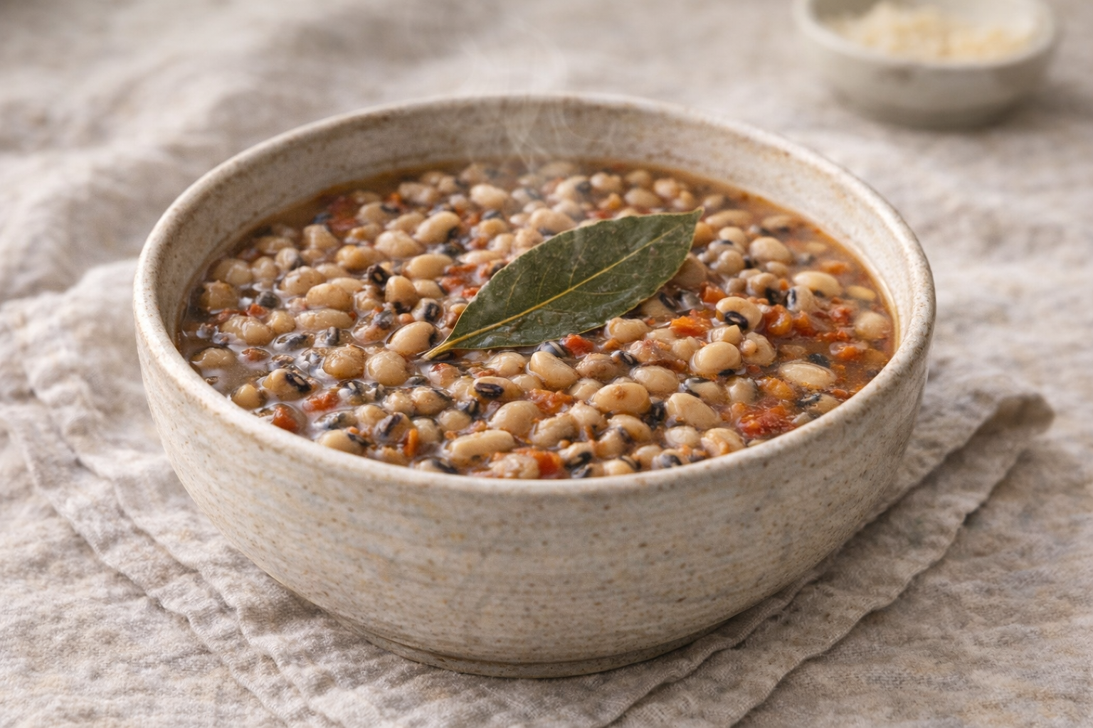 Spicy black-eyed peas simmered in a savory broth, styled in soft winter light