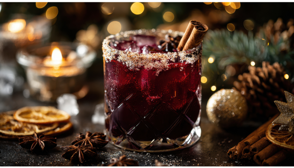 Holiday spiced wine in a crystal glass with cinnamon sticks, citrus, and candlelight