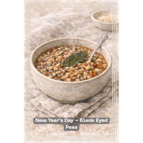 Spicy Black-Eyed Peas — illustrated menu card for The Gilded Table January Edition