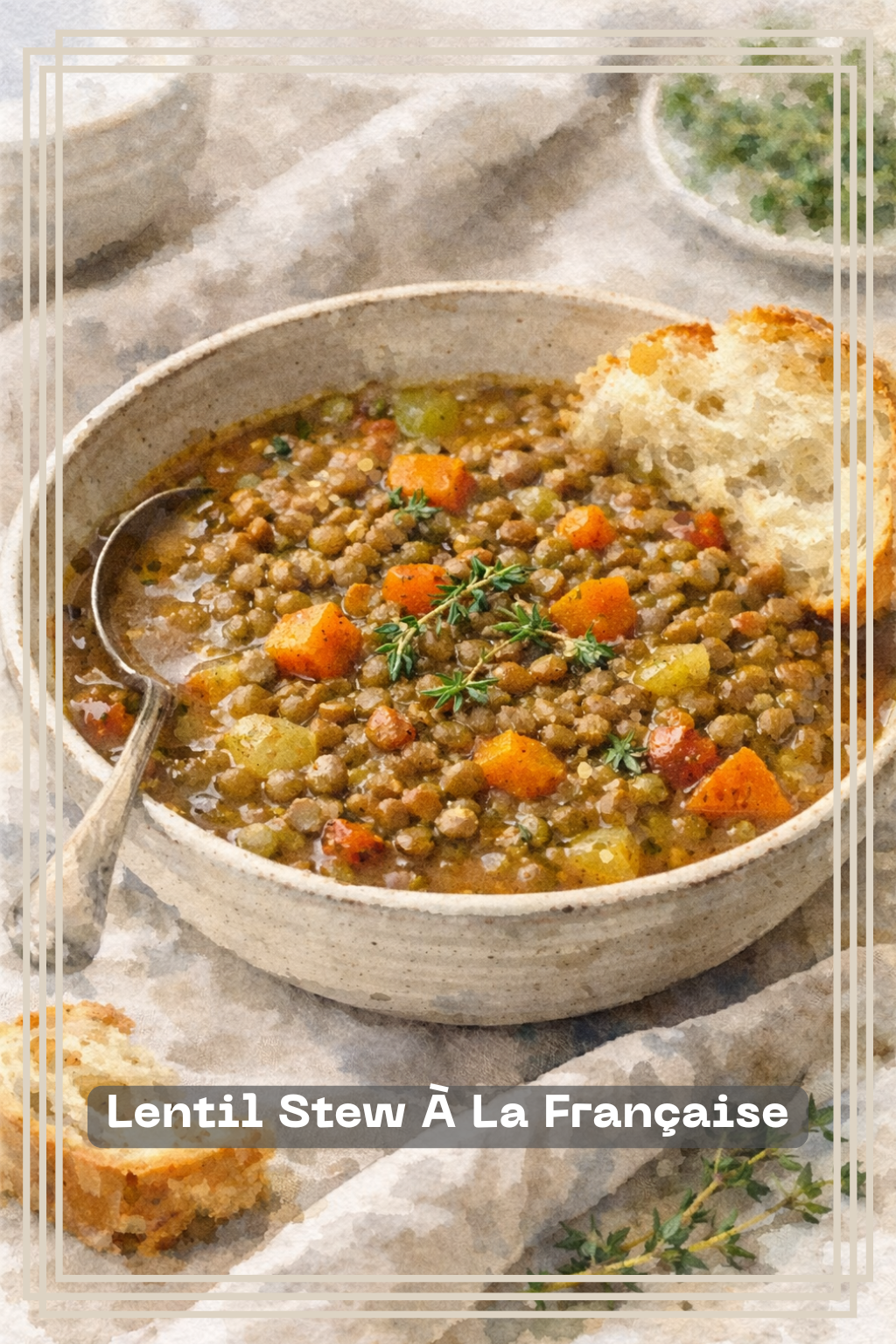 Lentil Stew à la Française — illustrated menu card for The Gilded Table January Edition