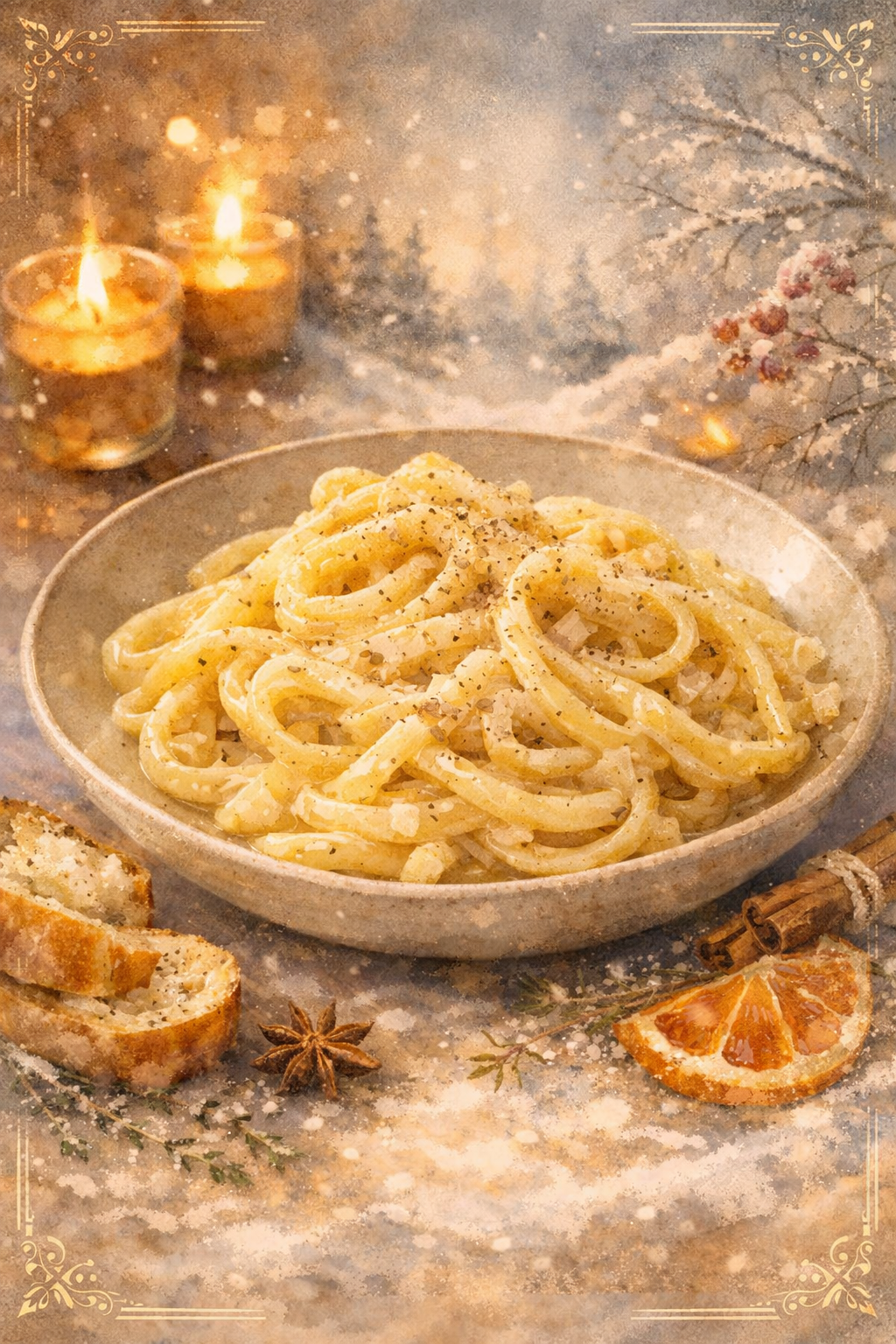 Pasta with Shallots, Cream & Black Pepper — illustrated menu card for The Gilded Table February Edition