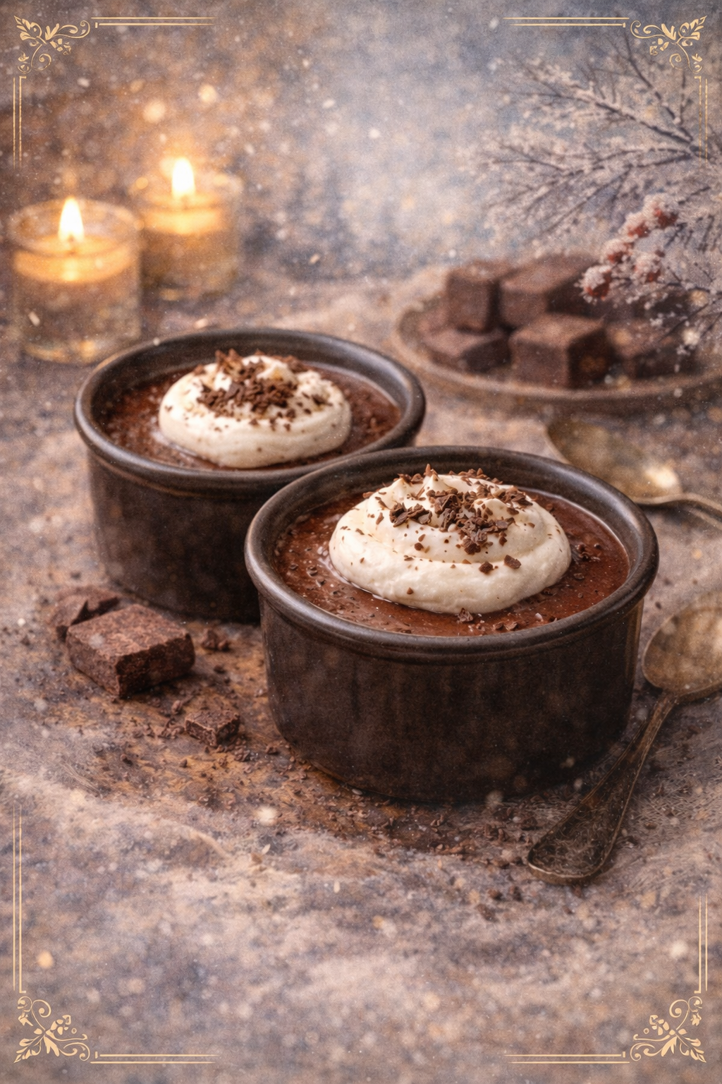 Chocolate Pots de Crème — illustrated menu card for The Gilded Table February Edition