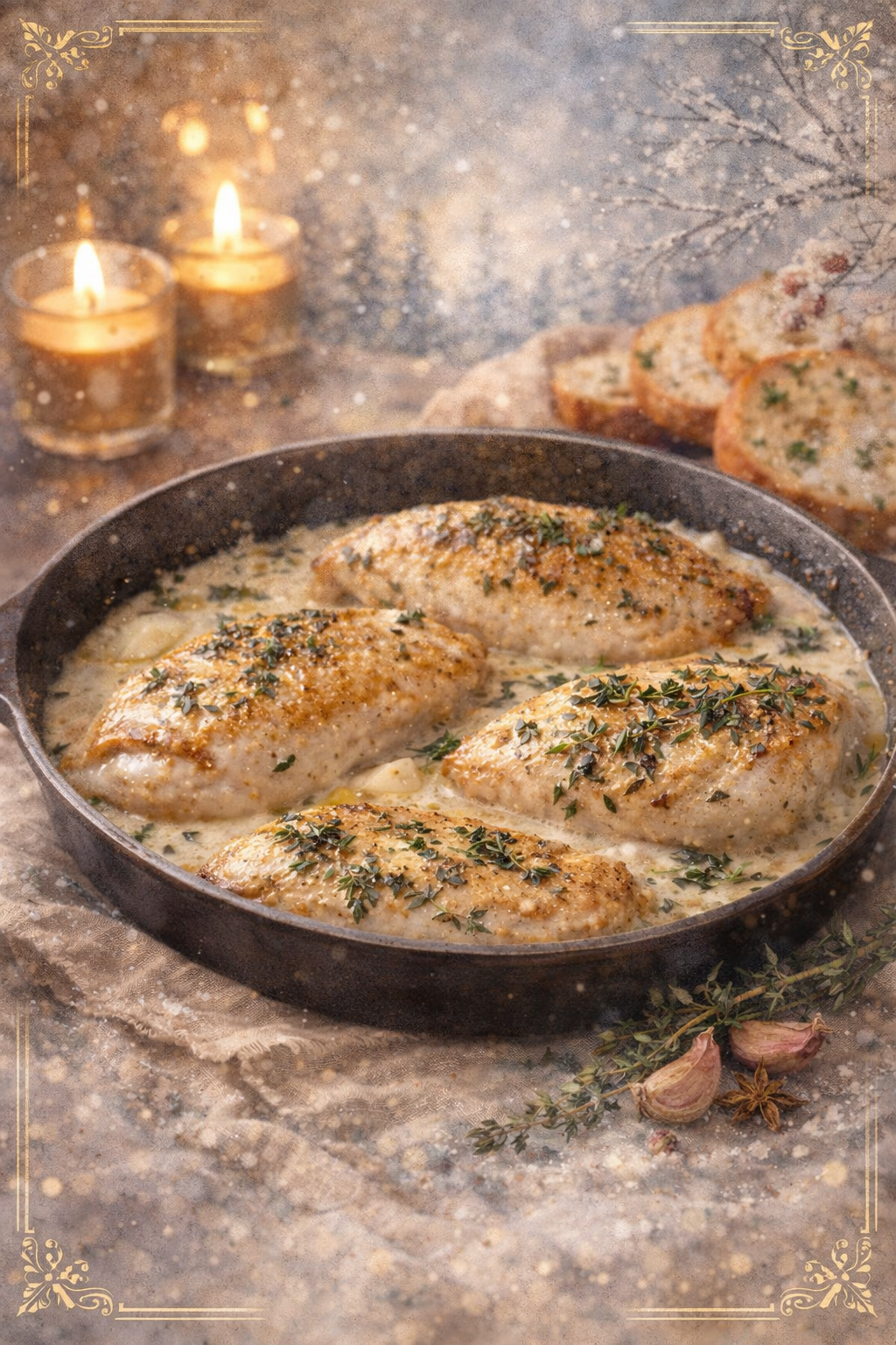 Creamy Garlic Chicken with White Wine & Thyme — illustrated menu card for The Gilded Table February Edition