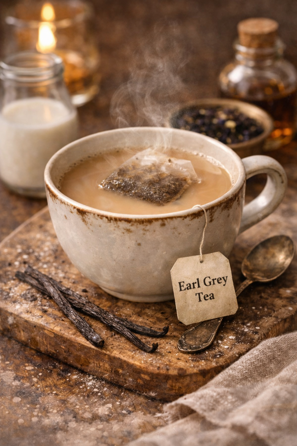 Earl Grey Tea with Vanilla & Milk — illustrated menu card for The Gilded Table February Edition