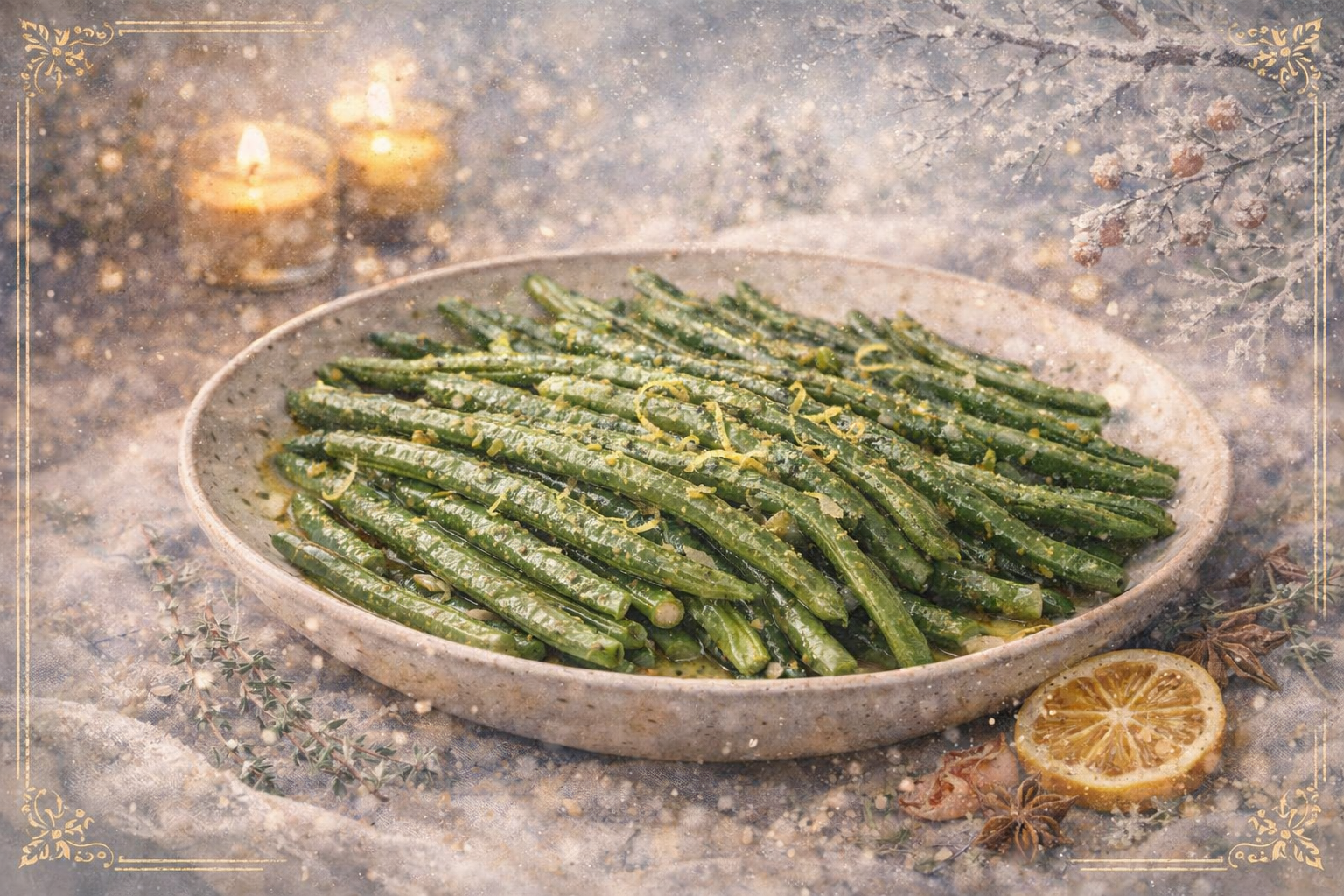 Buttered Green Beans with Lemon Zest — illustrated menu card for The Gilded Table February Edition