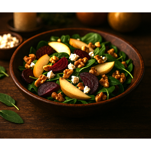 Autumn harvest salad with roasted beets, sliced pears, walnuts, and greens styled in a rustic bowl
