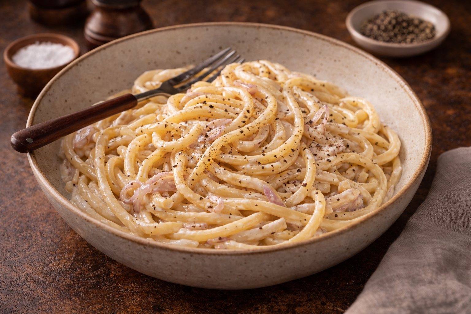 Silky pasta tossed with sautéed shallots, cream, and freshly cracked black pepper, styled in a moody winter setting.