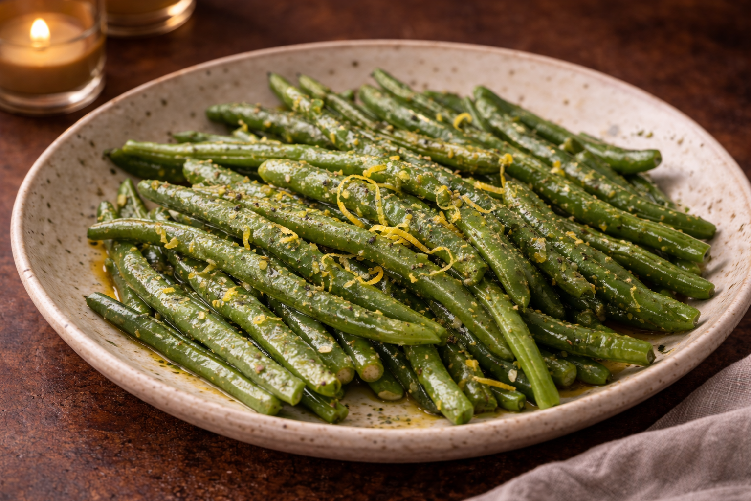 Tender green beans tossed with butter, black pepper, and bright lemon zest, styled on a neutral platter in a moody winter setting.