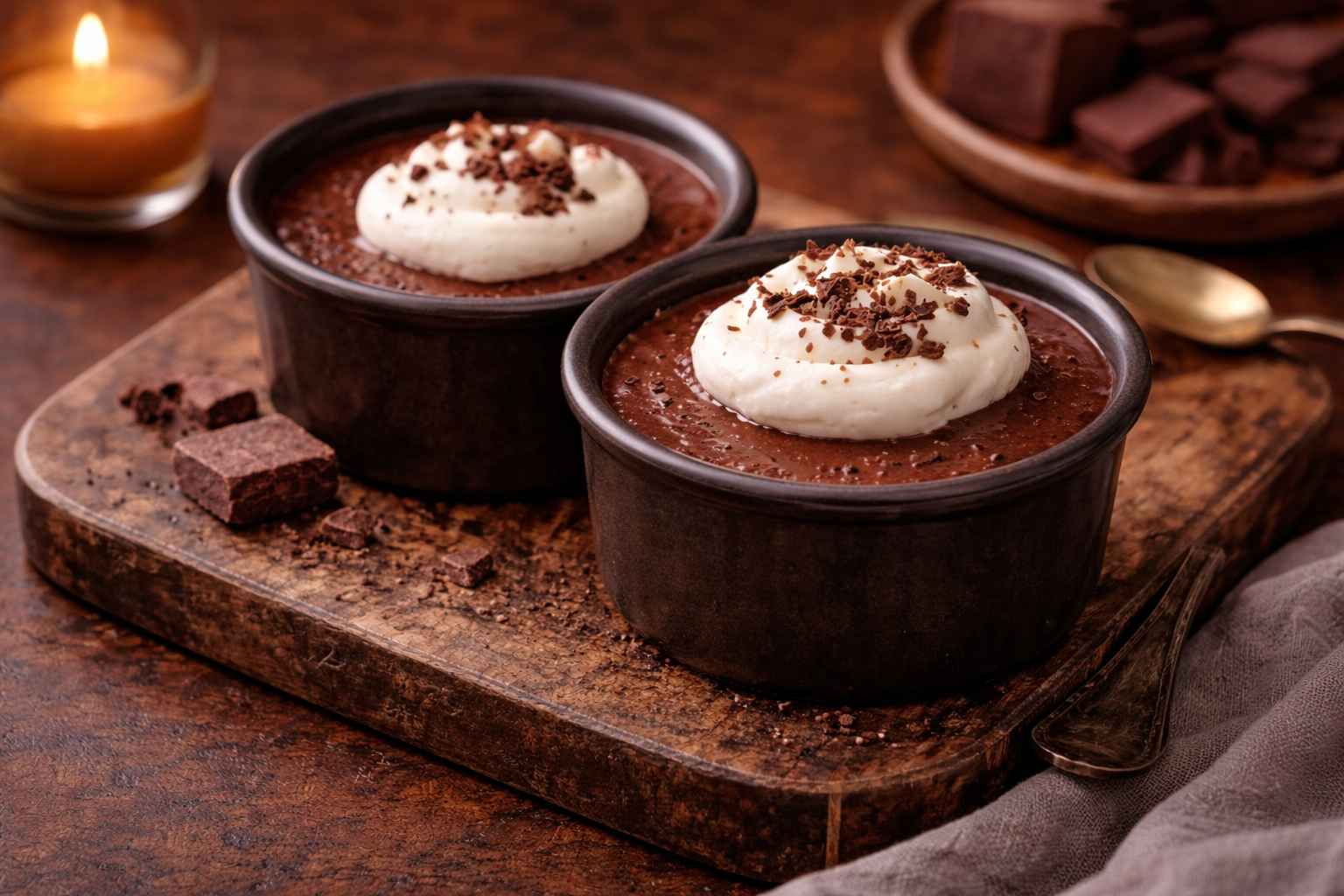 Chocolate pots de crème in small cups, softly set and topped with cream, styled in moody winter light.