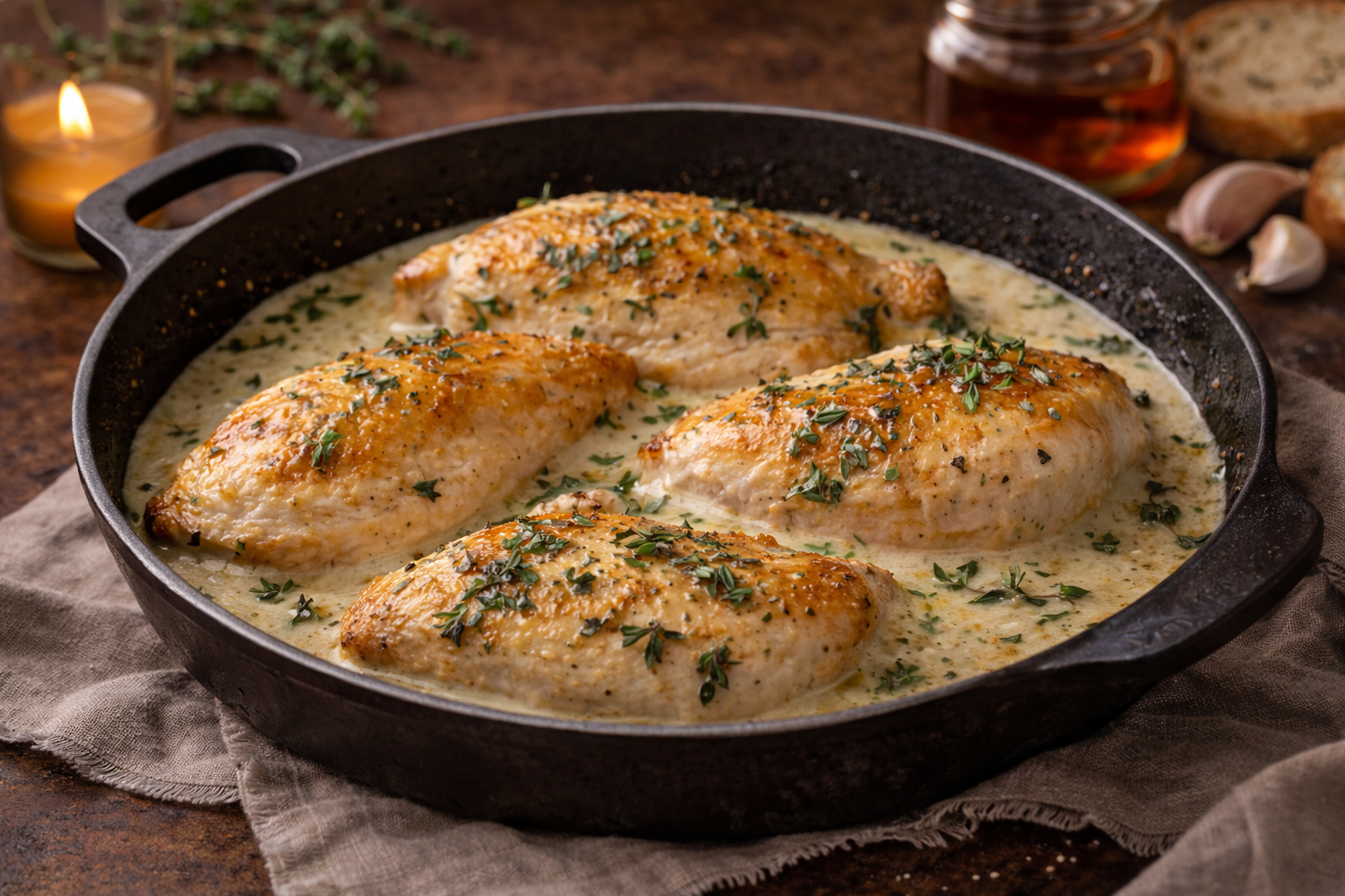 Golden seared chicken gently simmered in a creamy garlic white wine sauce with fresh thyme, styled in a moody winter setting.