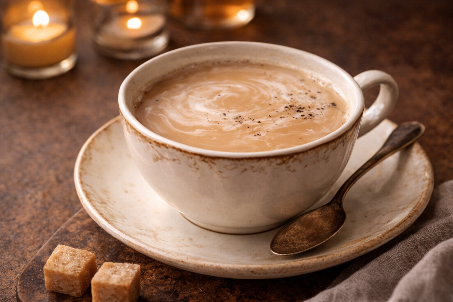 Earl Grey tea with vanilla and milk served in a delicate teacup, styled in soft candlelight.