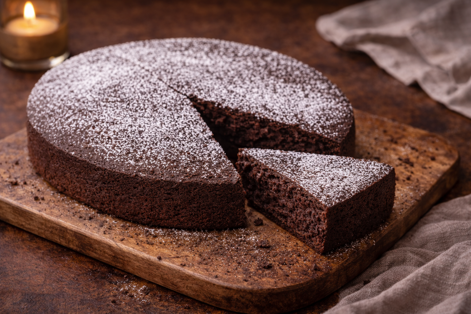 Olive oil chocolate cake dusted with powdered sugar, styled in a moody winter setting.