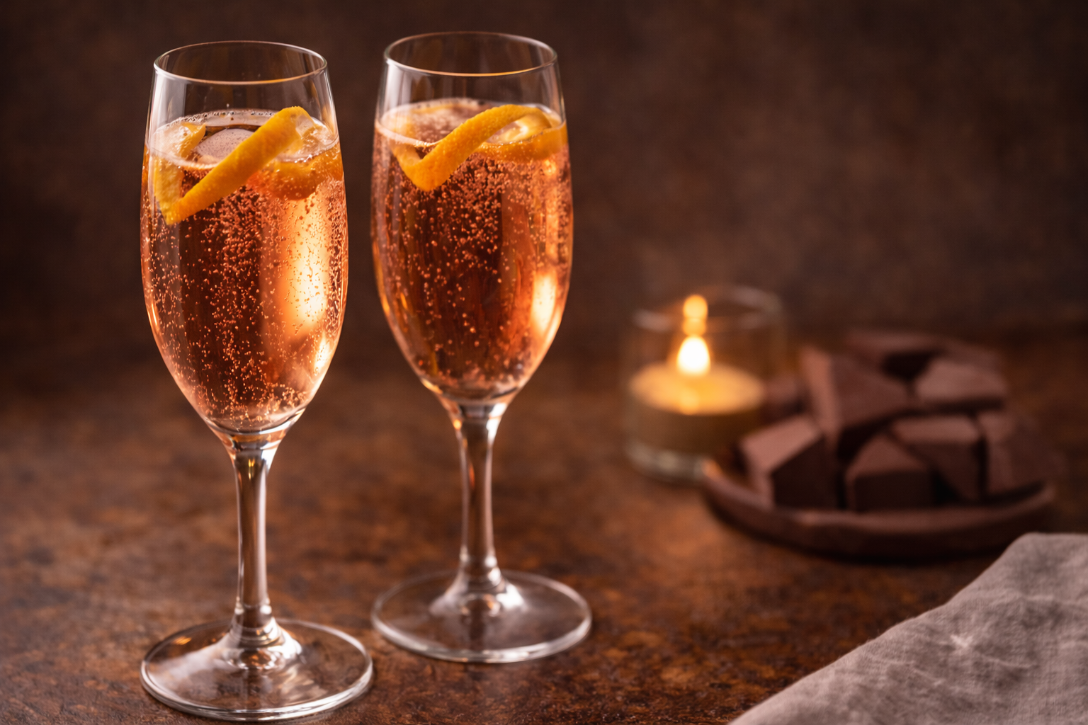 Sparkling rosé served in elegant glasses, finished with orange peel and styled in a moody winter setting.