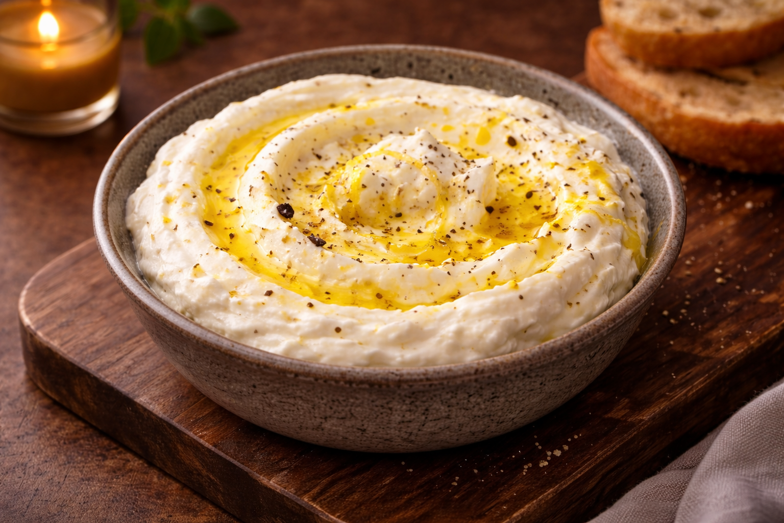 Whipped ricotta drizzled with honey and olive oil, finished with lemon zest and cracked black pepper in a moody winter setting