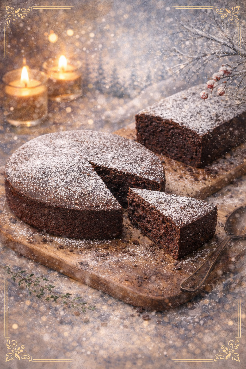 Olive Oil Chocolate Cake — illustrated menu card for The Gilded Table February Edition