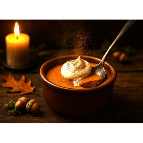Baked pumpkin pots with creamy toppings, styled in warm autumn tones.