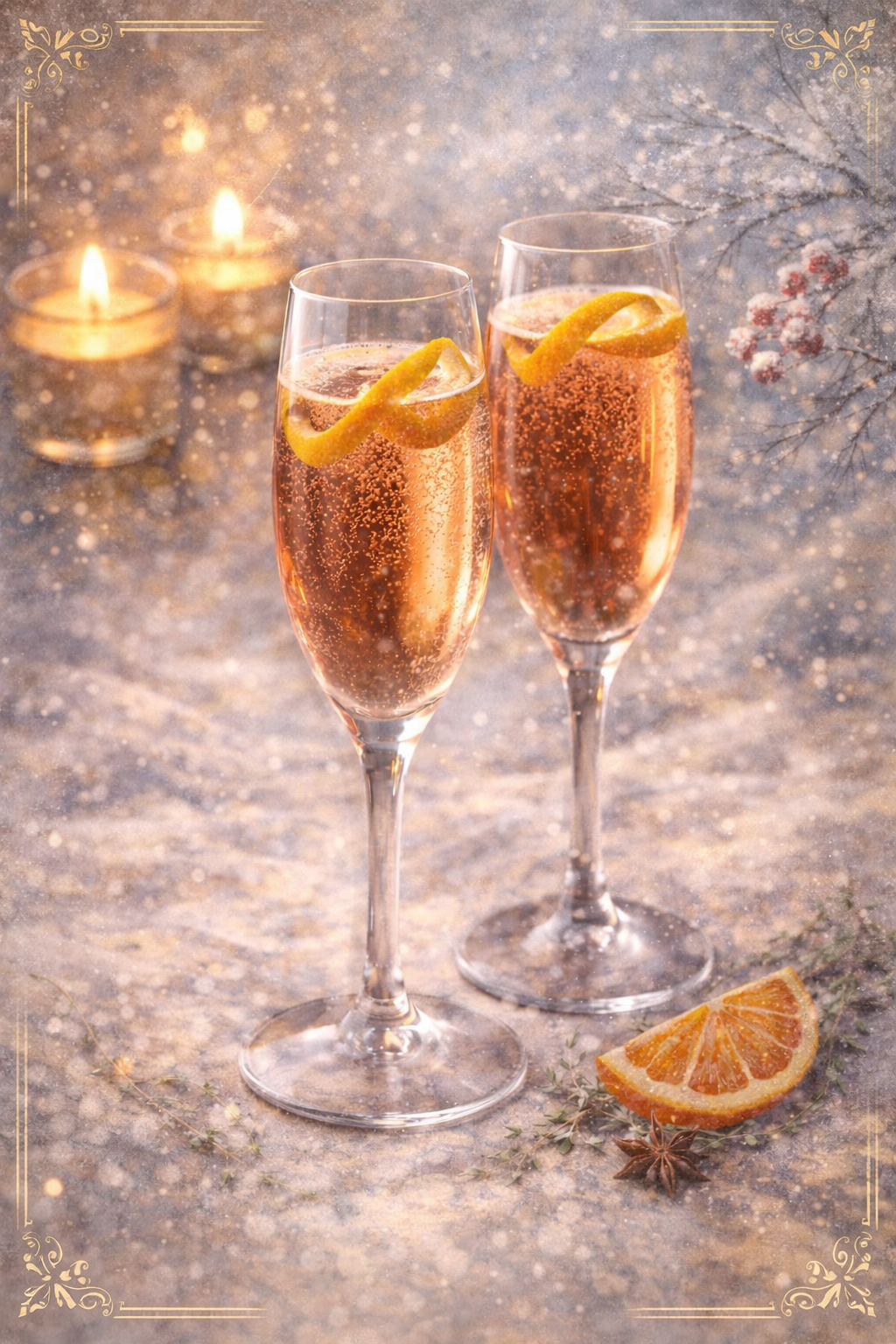 Sparkling Rosé with Orange Peel — illustrated menu card for The Gilded Table February Edition