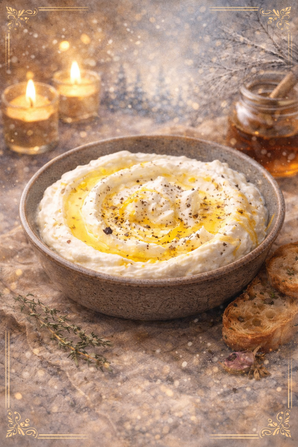 Whipped Ricotta with Honey — illustrated menu card for The Gilded Table February Edition