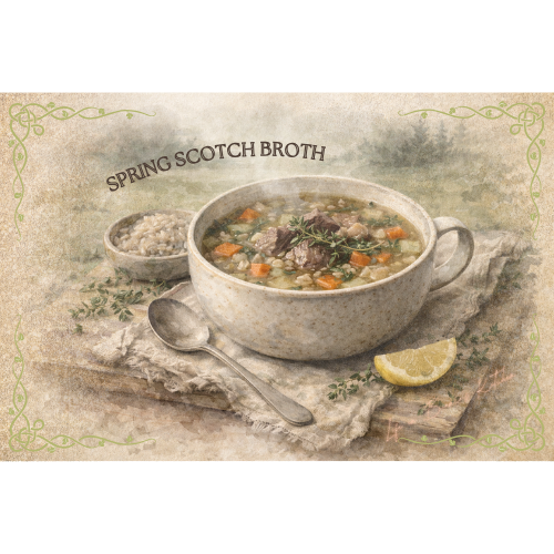 Traditional Scotch Broth — illustrated menu card for The Gilded Table March Edition