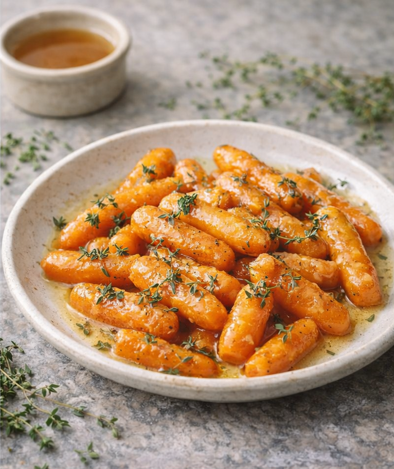 Buttered carrots with honey and thyme served in a simple ceramic dish, softly styled for an early spring table.