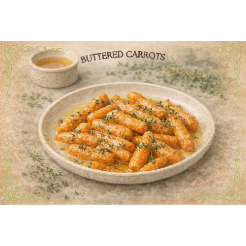 Buttered Carrots with Honey & Thyme — illustrated menu card for The Gilded Table March Edition