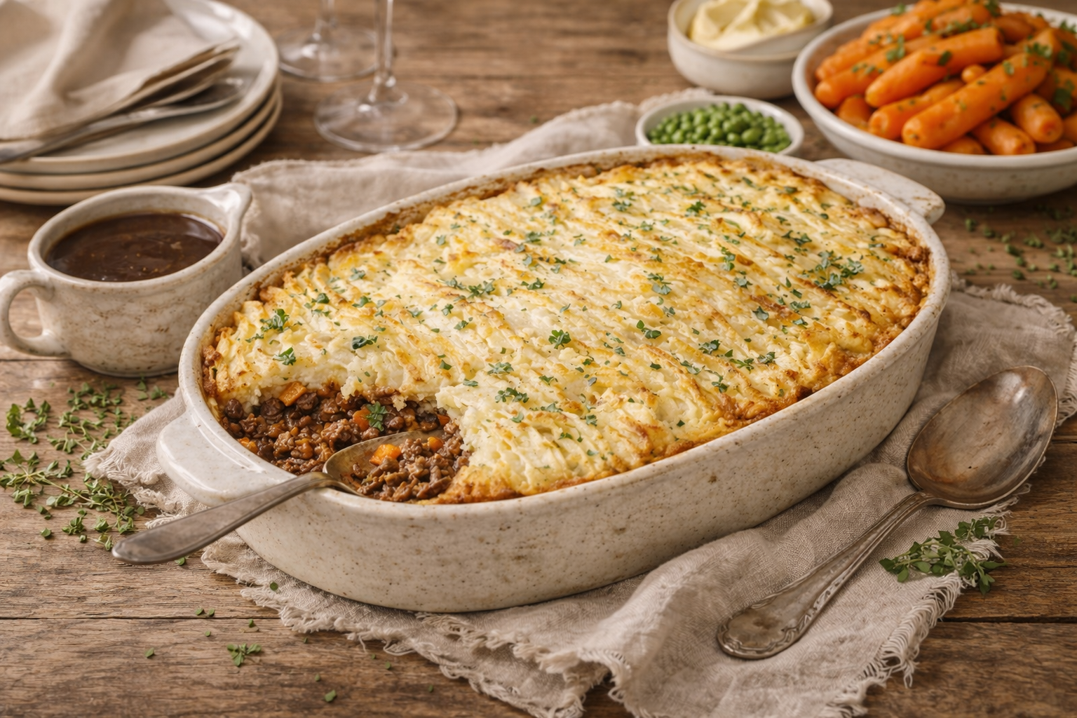 Family-style cottage pie in a rustic baking dish, topped with golden mashed potatoes and styled with early-spring sides.