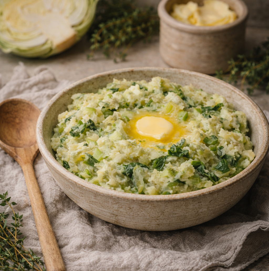 Colcannon with spring greens served in a simple bowl.