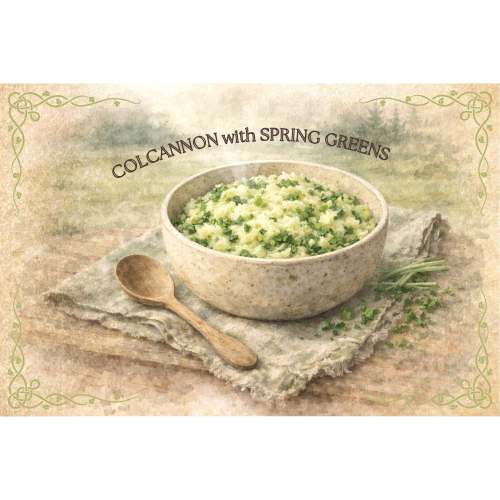 Colcannon with Spring Greens — illustrated menu card for The Gilded Table March Edition