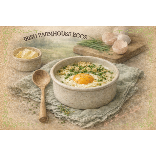 Irish Farmhouse Eggs — illustrated menu card for The Gilded Table March Edition