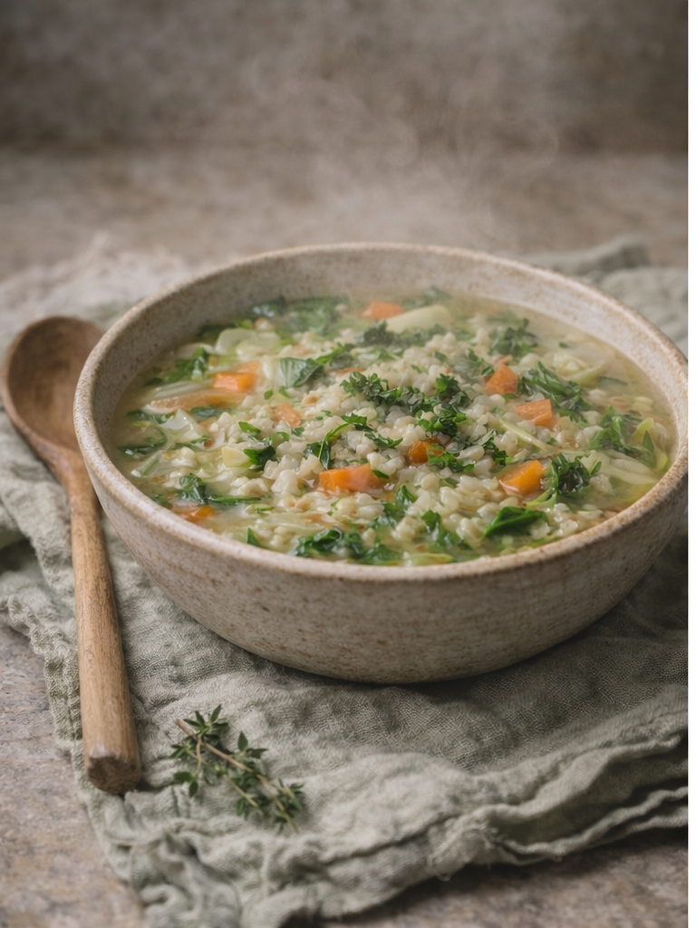 Traditional Scotch broth served in a simple bowl, with barley and root vegetables in a clear, comforting broth.