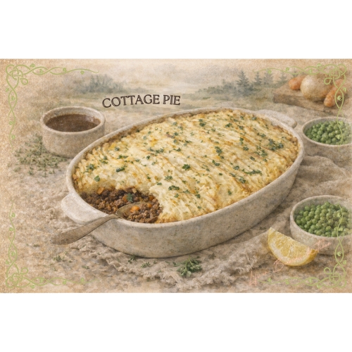 Elegant Family-Style Cottage Pie — illustrated menu card for The Gilded Table March Edition