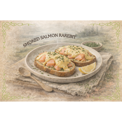Smoked Salmon Rarebit — illustrated menu card for The Gilded Table March Edition