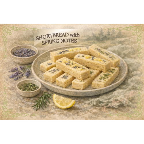 Shortbread with Spring Notes — illustrated menu card for The Gilded Table March Edition