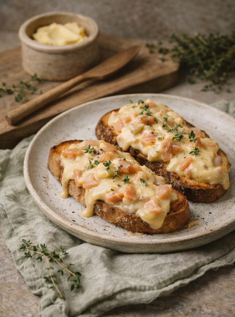 Smoked salmon rarebit served over toasted bread with a creamy cheese sauce.
